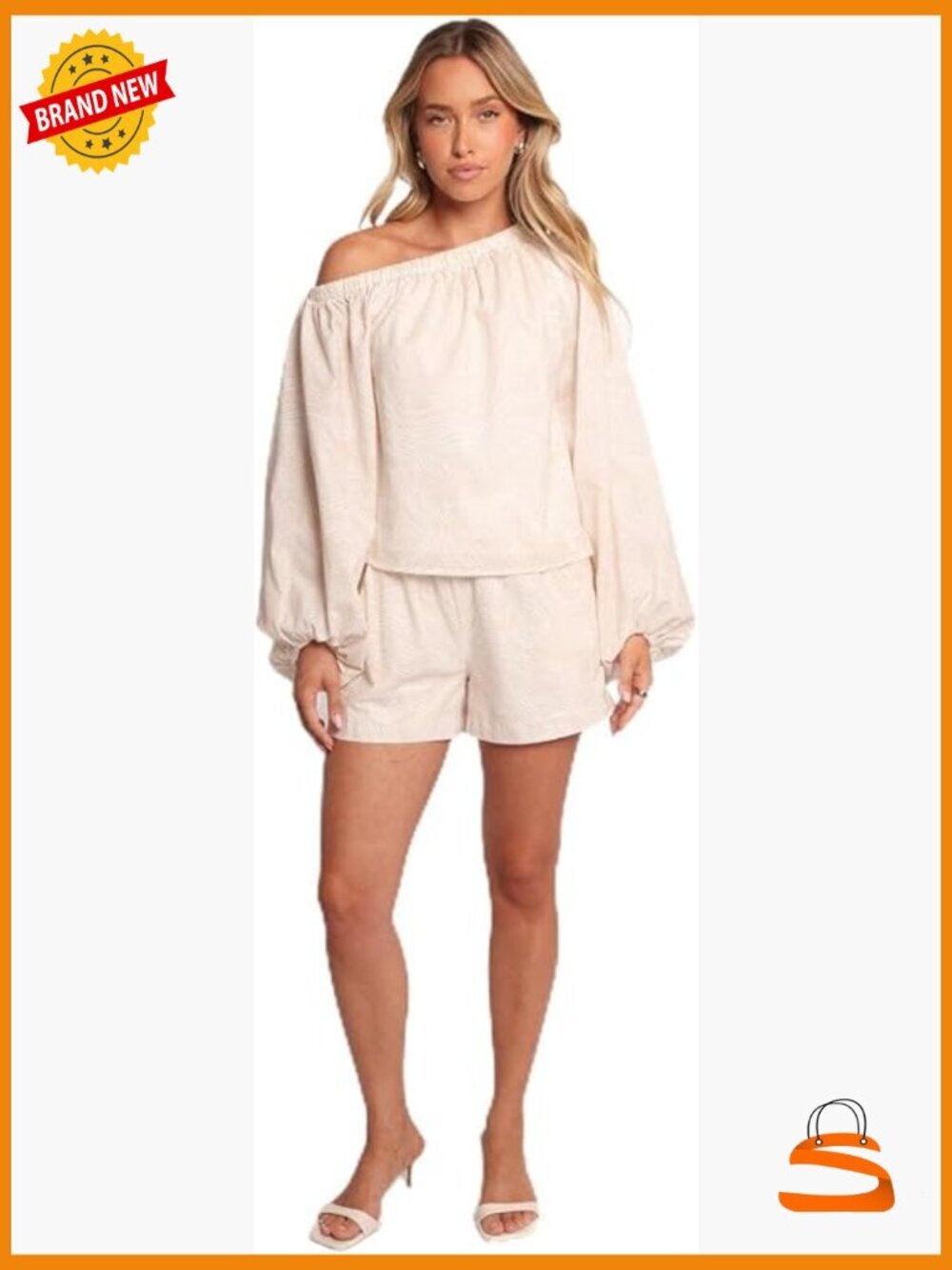 Off-Shoulder Long-Sleeve Blouse with Swirl Print - Cotton Linen